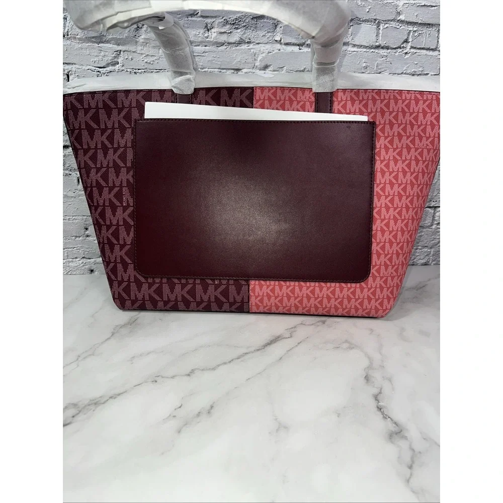Michael Kors Jet Set Travel Medium Zip Top Tote Oxblood Multi MK Signature- NEW✅